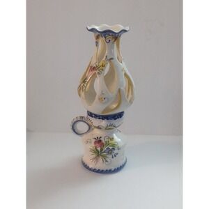 Vintage Floral Candle Holder Portugal Lovely Hand Painted Decor (shelf)